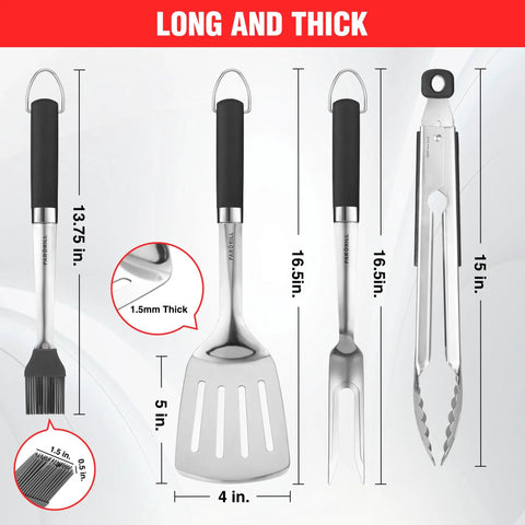 Heavy Duty BBQ Tool Set With Premium Stainless Steel Spatula Fork Brush And Tongs For Grilling Lovers Outdoors A Top Notch Gift Idea For Men And Women Who Live For The Grill illustration with measurements