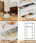 Tall 4 Drawer Dresser With Wood Top And Sturdy Steel Frame For Bedroom Or Hallway Storage Vertical Storage Nightstand Organizer In White Great For Closets Nurseries And Entryways With Space Saving Design And Easy Setup features adjustable feet and fabric drawers