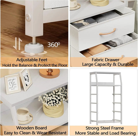 Tall 4 Drawer Dresser With Wood Top And Sturdy Steel Frame For Bedroom Or Hallway Storage Vertical Storage Nightstand Organizer In White Great For Closets Nurseries And Entryways With Space Saving Design And Easy Setup features adjustable feet and fabric drawers