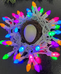 Pastel Easter String Lights 50 LED C3 Glass Bulbs, 12.5 Ft White Wire wrapped around a nest with an egg, multi-color glow