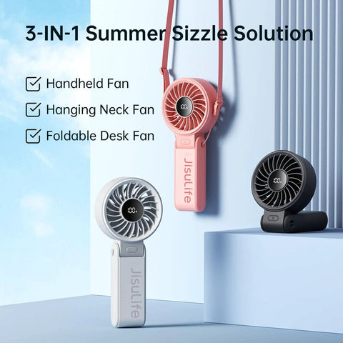 3 In 1 Handheld Fan With 5000mAh Battery, 12 Blade Brushless Motor Power, 5 Speed Settings in pink, white, black colors
