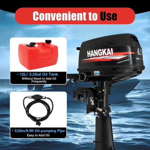 Close-up of 4 Stroke 6.5 Hp Outboard Motor For Boats With CDI Ignition, 123cc water cooled, with oil tank and pumping pipe