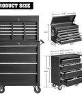 9 Drawer Rolling Tool Chest With Wheels And Lock Top Box With 5 Drawers And Bottom Cabinet With 4 Drawers Removable Design For Easy Split Use Heavy Duty Steel Storage For Workshop Garage Or Shop, black steel, 44.29" tall
