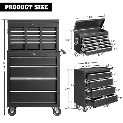 9 Drawer Rolling Tool Chest With Wheels And Lock Top Box With 5 Drawers And Bottom Cabinet With 4 Drawers Removable Design For Easy Split Use Heavy Duty Steel Storage For Workshop Garage Or Shop, black steel, 44.29" tall