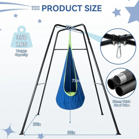Kid Friendly Sensory Pod Swing Set With Heavy Duty Frame For Indoor Outdoor Play, Hammock Chair Swing For Autism ADHD, Cotton Comfort Seat, 330 Lbs Weight Capacity, Blue, steel frame dimensions.