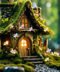 Mini resin dragonfly figurines decorating a fairy garden with a tiny house, part of 90 Pieces Mini Resin Dragonflies Figurines For Fairy Garden Decor And Dollhouse Micro Landscaping Craft Supplies Cute Colorful Dragonfly Charms For DIY Projects And Garden Fairy Garden Micro Landscape Accessories.