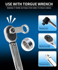 Metric 10 Piece Torque Adapter Set for Three Eighths Inch Drive Wrenches, 12 Point Box End Extensions from 10mm to 19mm, shown with torque wrench.
