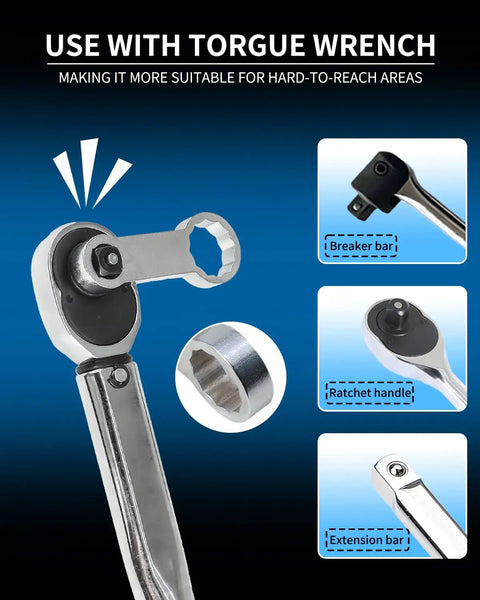 Metric 10 Piece Torque Adapter Set for Three Eighths Inch Drive Wrenches, 12 Point Box End Extensions from 10mm to 19mm, shown with torque wrench.