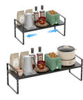 Expandable Cabinet Storage Shelf Organizer Heavy Duty Steel Space Saver For Kitchen Pantry Counter Desk Office And Garage Adjustable Height Black 1 Pack with kitchen items displayed.