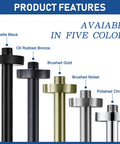 Five ceiling mount shower arms in matte black, oil rubbed bronze, brushed gold, brushed nickel, and polished chrome.