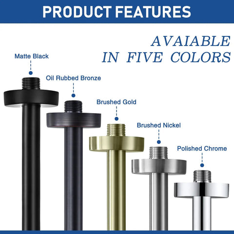 Extra Long 16 Inch Stainless Steel Shower Arm With Flange In Oil Rubbed Bronze, Heavy Duty Shower Head Extension shown in five colors