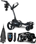 All Terrain Electric Golf Cart With Remote Control, Motorized Push Caddy, includes drink holder, premium towel, and remote control.