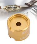 Gold Aluminum Watch Movement Base Repair Tool Modding Holder For Secure Disassembly And Precise Adjustments Compatible With 2824 2892 8200 2813 NH35 Movements Ideal For Pro Watch Repair Gold shown with watch movement in background.