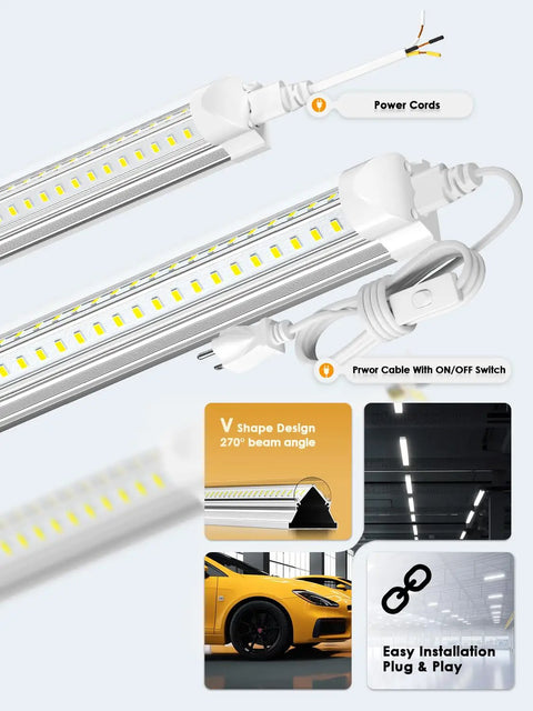 Eight Foot LED Shop Light 90W 12,000 Lumens 5000K V Shape Bulbs For Garage, Workshop, Warehouse Plug And Play with power cord and switch