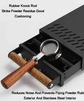 Heavy Duty Stainless Steel Espresso Knock Box With Shock Absorbing Removable Knock Bar And Spill Resistant Grounds Waste Dispenser For No Sweat Daily Use, featuring rubber knock rod and wooden handle.