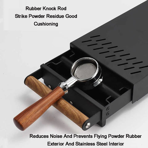 Heavy Duty Stainless Steel Espresso Knock Box With Shock Absorbing Removable Knock Bar And Spill Resistant Grounds Waste Dispenser For No Sweat Daily Use, featuring rubber knock rod and wooden handle.