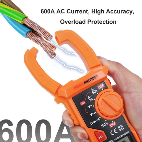 Auto Ranging Clamp Meter For Electricians, Measures AC Current Up To 600A And AC And DC Voltage Up To 600V, shown in hand.