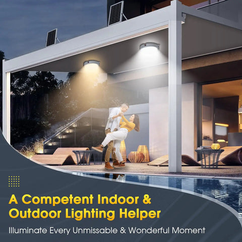 Outdoor area illuminated by Solar Ceiling Light With Remote Control, Dimmable Daylight To Warm White, 1000 Lumen Outdoor Solar Shed Light.