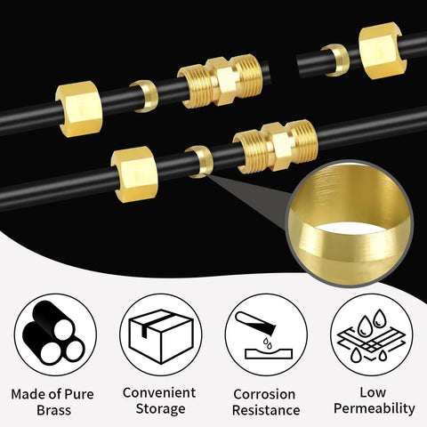 MuHize brass compression sleeves on black tubing, front view, 5/8 in OD, corrosion-resistant ferrules, 50 pcs