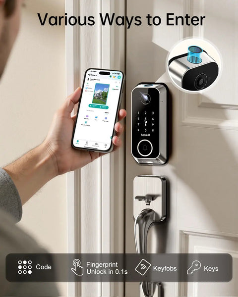 No Sweat Smart Front Door Lock With 2K HD Camera Video Doorbell Kit, Fingerprint Keyless Entry Wifi Deadbolt, Bluetooth App Remote, Big Time Security, Auto Lock And Satin Nickel Finish