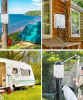 Scenes of a Propane Tankless Water Heater For Outdoors On Demand Hot Water 1.32 GPM Portable Gas Heater For Camping RV Boat And Hiking 5L White Lightweight Easy To Use showing outdoor use by a tent, cabin, RV, and shower.