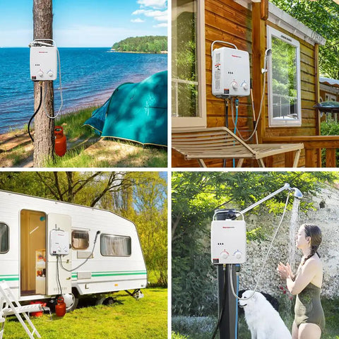 Scenes of a Propane Tankless Water Heater For Outdoors On Demand Hot Water 1.32 GPM Portable Gas Heater For Camping RV Boat And Hiking 5L White Lightweight Easy To Use showing outdoor use by a tent, cabin, RV, and shower.
