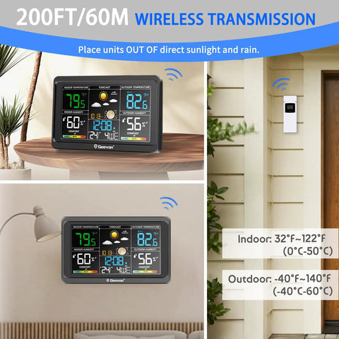 All-in-One Wireless Indoor Outdoor Weather Station With 7.5 Inch VA Color Display, shown on table and wall-mounted