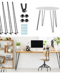 Industrial Hairpin Leg Set Of 4 Black Powder Coated Metal Furniture Legs For DIY Tables Desks Dining Counters And Kitchen Tables Built To Last Heavy Duty Modern Design shown with examples