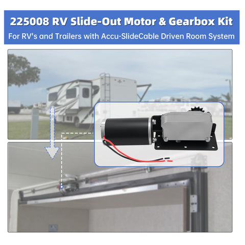 225008 RV Slide Out Motor And Gear Housing For 12V Accu Slide System Replacement in outdoor and indoor installation view