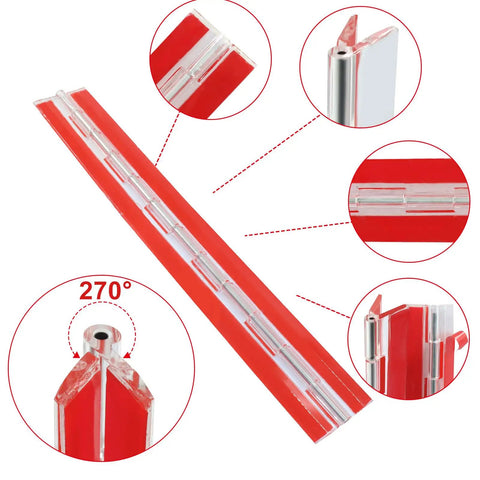 Slick Clear Acrylic Continuous Piano Hinge Two Pack Hella Durable Self Adhesive Peel And Stick Transparent Hinges For Cabinetry And Hardware Projects That Lock In Place Forever, showcasing 270° turning capability and detailed design.
