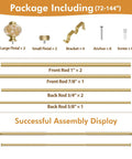 Gold 1 Inch Double Curtain Rod Set With Telescoping 72 To 144 Inch Range, package contents and assembly display.