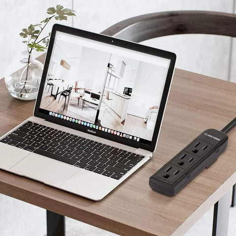 Power Strip With Flat Plug Three Grounded Sockets 7 Inch Heavy Duty Braided Extension Cord Mountable Socket Strip For Computer Home Office Use 13A 1625W Space Saver Got You Covered next to laptop on desk