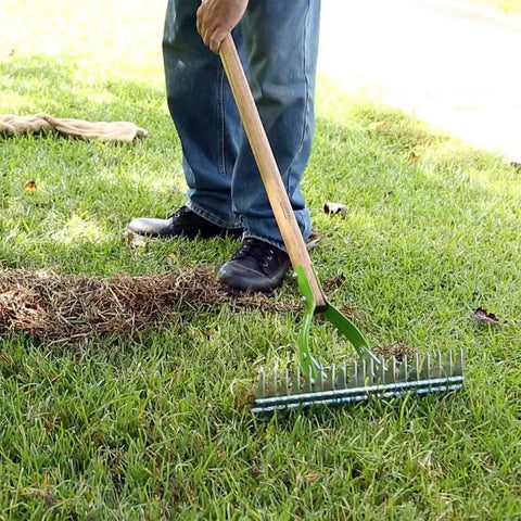 Person using 15 Inch Adjustable Self Cleaning Thatch Rake With Hardwood Handle For Lawn Care Curved Tines For Clearing Dead Grass Clippings