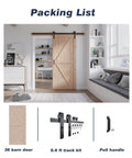 36 Inch By 84 Inch Wood Barn Door With Six Point Six Feet Hardware Kit Included K Shape Solid Spruce Panel Interior Sliding Door For Home Or Office Rustic Modern Look Easy Assembly Smooth Quiet Track System Durable Construction installed in a modern living room with a packing list illustration.