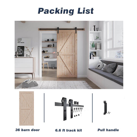 36 Inch By 84 Inch Wood Barn Door With Six Point Six Feet Hardware Kit Included K Shape Solid Spruce Panel Interior Sliding Door For Home Or Office Rustic Modern Look Easy Assembly Smooth Quiet Track System Durable Construction installed in a modern living room with a packing list illustration.