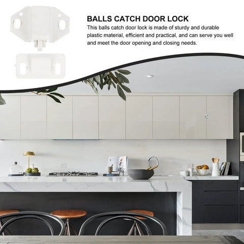 Built To Last Plastic Ball Catch Door Latch Set for wood and screen doors shown above modern kitchen cabinets.