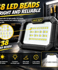 Solar Work Light, 38 LED Powerful Portable Flood Light with bright illumination for varied tasks, showing LED beads clearly.