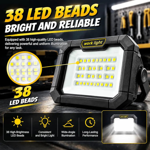 Solar Work Light, 38 LED Powerful Portable Flood Light with bright illumination for varied tasks, showing LED beads clearly.