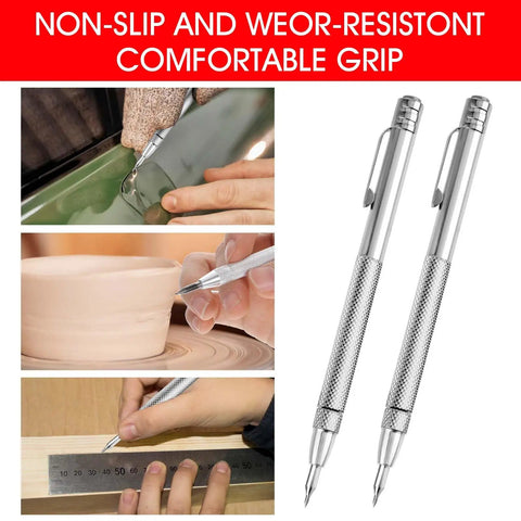 Built Like A Tank Tungsten Carbide Scriber Set With Extra Replacement Tips Heavy Duty Engraving Pen in use on various materials.