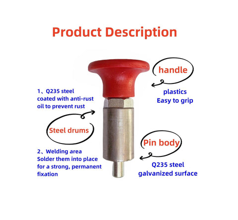 Heavy Duty Spring Loaded Pull Pins With Welded Barrel Red Handle And Screw Lock Steel Spring Plungers And Dowel Pins Diameter Four Tenths Inch Ten Millimeters Barrel Length About Forty Millimeters Easy Grip For Quick Latched Connections showing red handle and steel barrel.