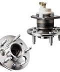 Four Wheel Bearing Hubs Front And Rear Replacement Set For 2000 To 2013 Chevrolet Impala 2003 To 2008 Pontiac Grand Prix 2005 To 2009 Buick LaCrosse With ABS Ready To Roll showing front and rear hub assemblies with ABS sensor mount.