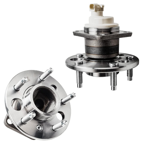 Four Wheel Bearing Hubs Front And Rear Replacement Set For 2000 To 2013 Chevrolet Impala 2003 To 2008 Pontiac Grand Prix 2005 To 2009 Buick LaCrosse With ABS Ready To Roll showing front and rear hub assemblies with ABS sensor mount.