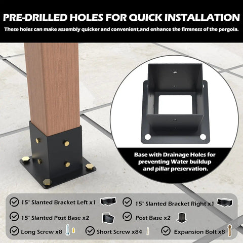 15 Degree Slanted Roof Pergola Bracket Kit With Wall Mount Extension And 3-Way Brackets for Outdoor Pergolas, fits 4x4 lumber