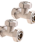 Pair of three quarter inch air piping tee fittings, nickel brass plated, 200 PSI working pressure, quick connect, shop garage air line system.