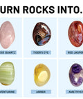 Various polished gemstones including rose quartz, tiger's eye, red jasper, aventurine, amber, amethyst from 1Lb Rock Tumbler Rotary Polisher With 7 Day Timer And Quiet Leakproof Rubber Barrel Stainless Steel Lid 0.5Lb Media Learning Guide Included For Smooth Low Noise Stone And Jewelry Polishing Kit