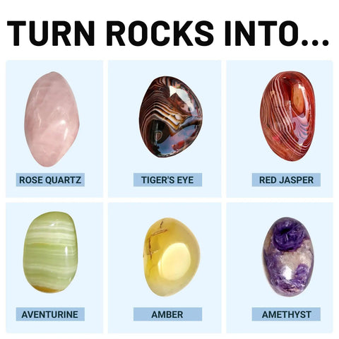 Various polished gemstones including rose quartz, tiger's eye, red jasper, aventurine, amber, amethyst from 1Lb Rock Tumbler Rotary Polisher With 7 Day Timer And Quiet Leakproof Rubber Barrel Stainless Steel Lid 0.5Lb Media Learning Guide Included For Smooth Low Noise Stone And Jewelry Polishing Kit
