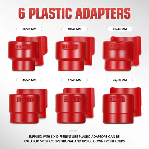 Six plastic adapters for Universal 14 Piece Motorcycle Fork Seal Driver Set with sizes 35-36, 40-41, 42-43, 45-46, 47-48, 49-50mm.