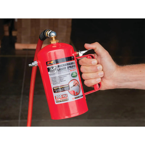 Hand holding Eco-Friendly Non-Aerosol Reusable Liquid Sprayer Powered By Your Compressor, 80-150 PSI with red tank and hose