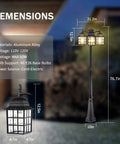 Dimensions and features of Three Head Outdoor Lamp Post Light Fixture With Dusk To Dawn Photocell Sensor, Aluminum Hardwired Yard And Street Post Light With Water Ripple Glass Shade And E26 Base, highlighting size measurements and materials.