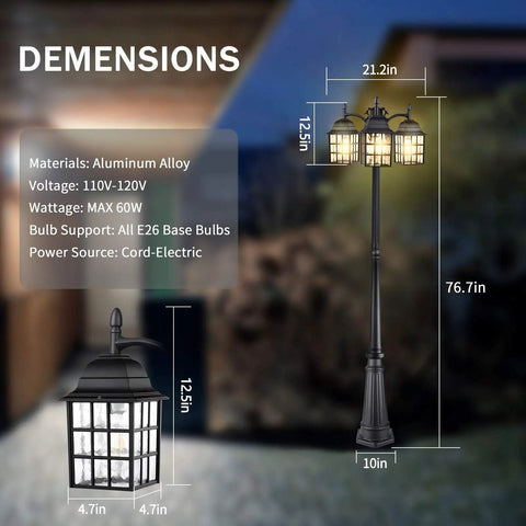 Dimensions and features of Three Head Outdoor Lamp Post Light Fixture With Dusk To Dawn Photocell Sensor, Aluminum Hardwired Yard And Street Post Light With Water Ripple Glass Shade And E26 Base, highlighting size measurements and materials.
